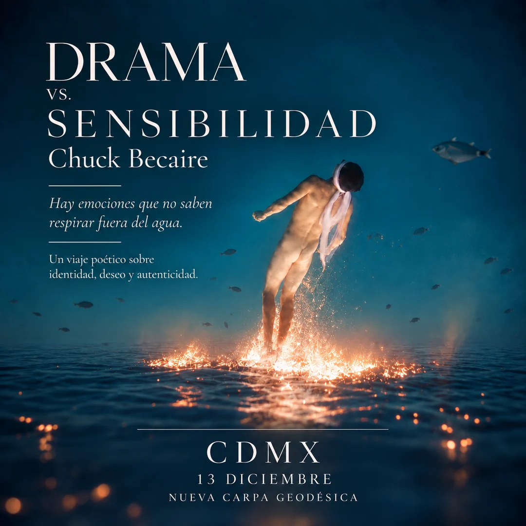 Cartel de Drama vs. Sensibilidad, de Chuck Becaire: una figura de espaldas, con una tela blanca atada a la cabeza, se eleva del mar entre chispas de luz naranja y peces, sobre un fondo azul profundo. «Hay emociones que no saben respirar fuera del agua. Un viaje poético sobre identidad, deseo y autenticidad.» CDMX, 13 de diciembre, Nueva Carpa Geodésica.